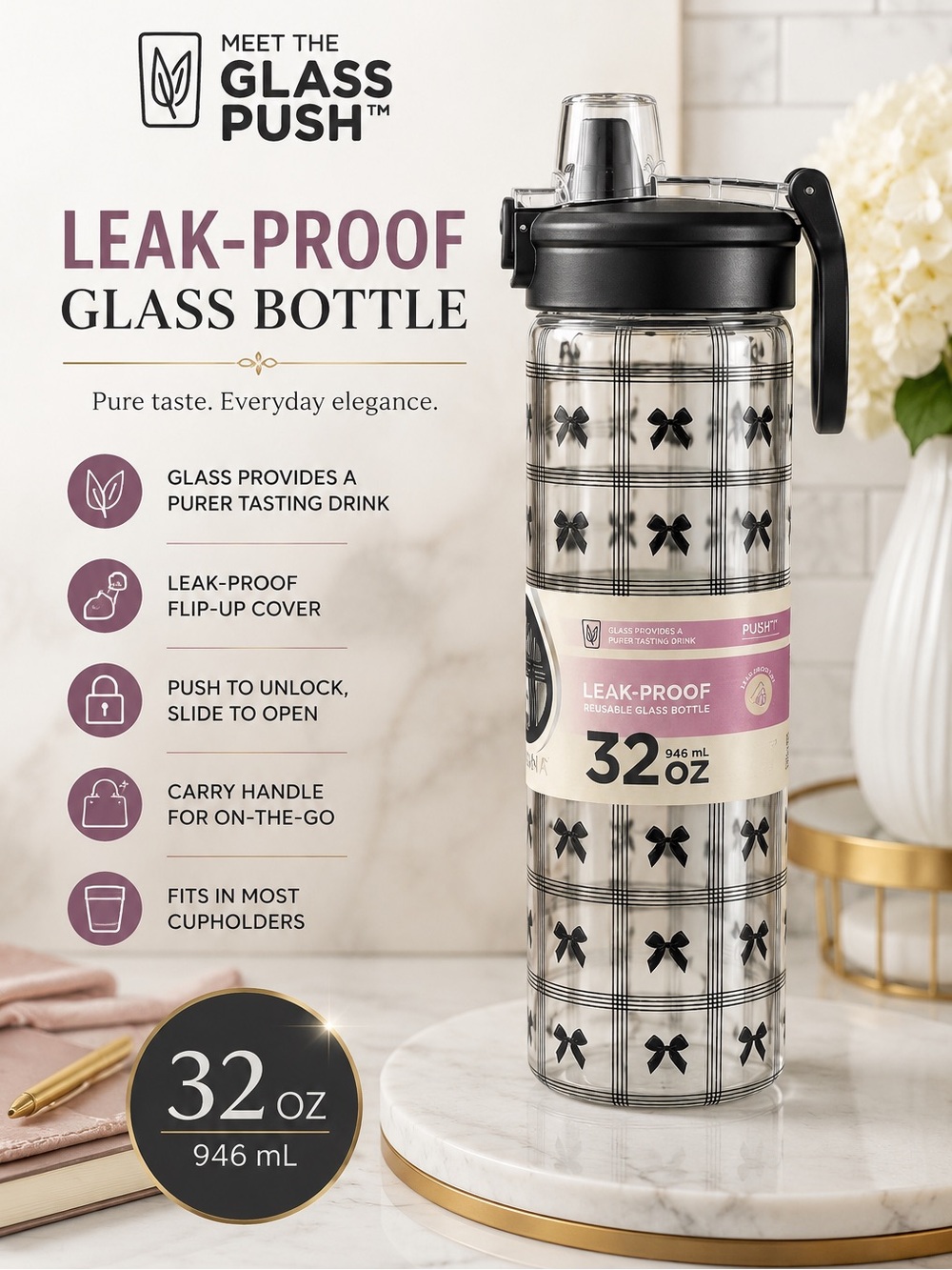 Glass Push 32 oz Reusable Leak-Proof Glass Water Bottle - Black Bow Pattern
